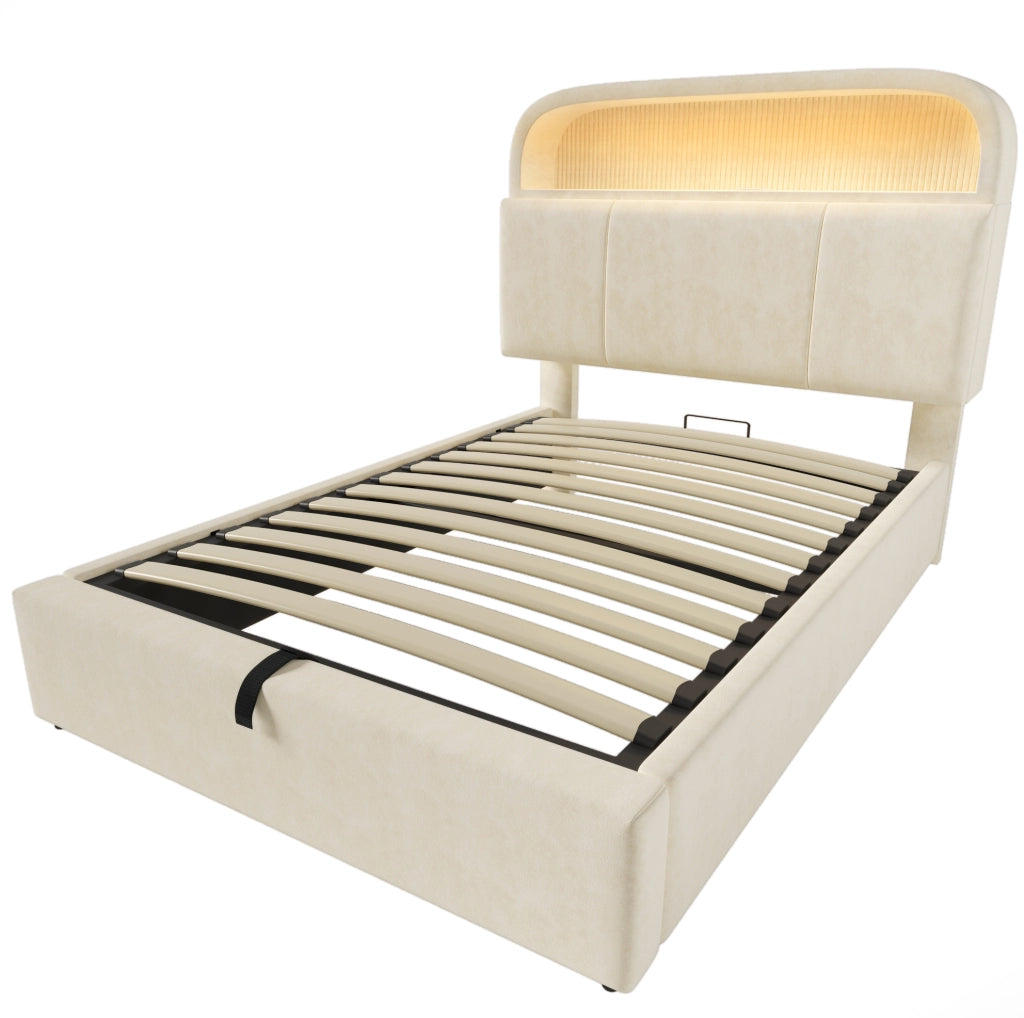 Letto singolo 90x200 cm in velluto beige con testiera regolabile; contenitore; LED e ricarica USB/Type-C