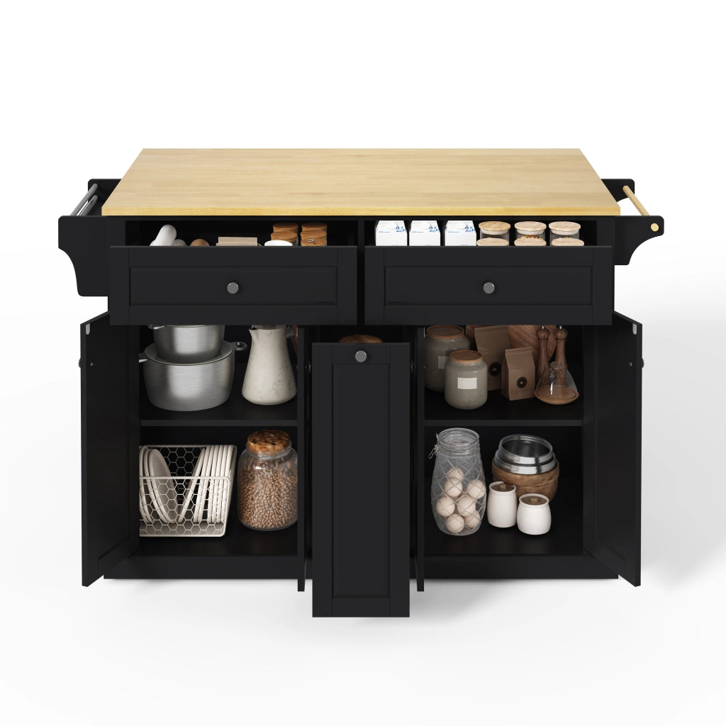 Isola Cucina Mobile 121x49/69x89 cm Nero e Legno con Piano Ribaltabile, 2 Cassetti e Ruote