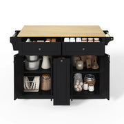 Isola Cucina Mobile 121x49/69x89 cm Nero e Legno con Piano Ribaltabile, 2 Cassetti e Ruote