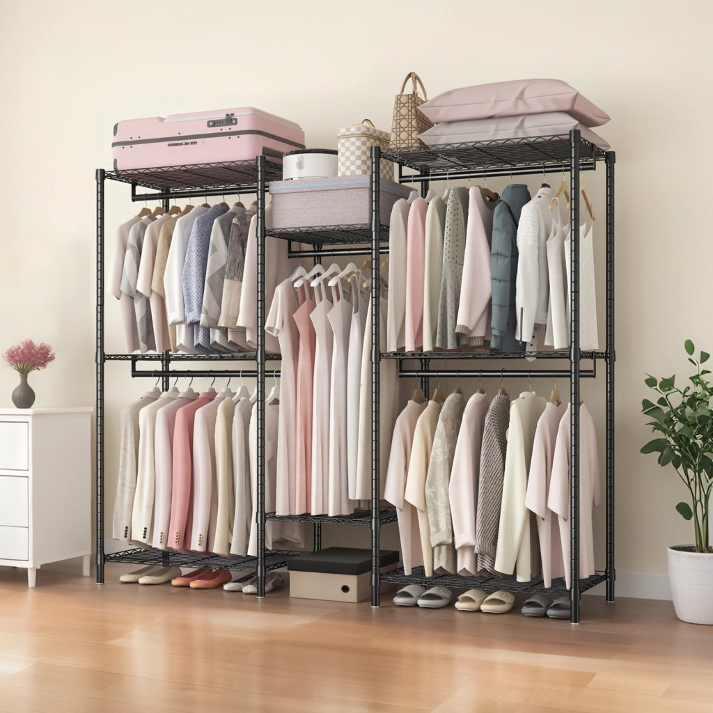 Armadio aperto 75,5x43,5x194 cm in metallo nero, 8 ripiani e 5 barre appendiabiti –