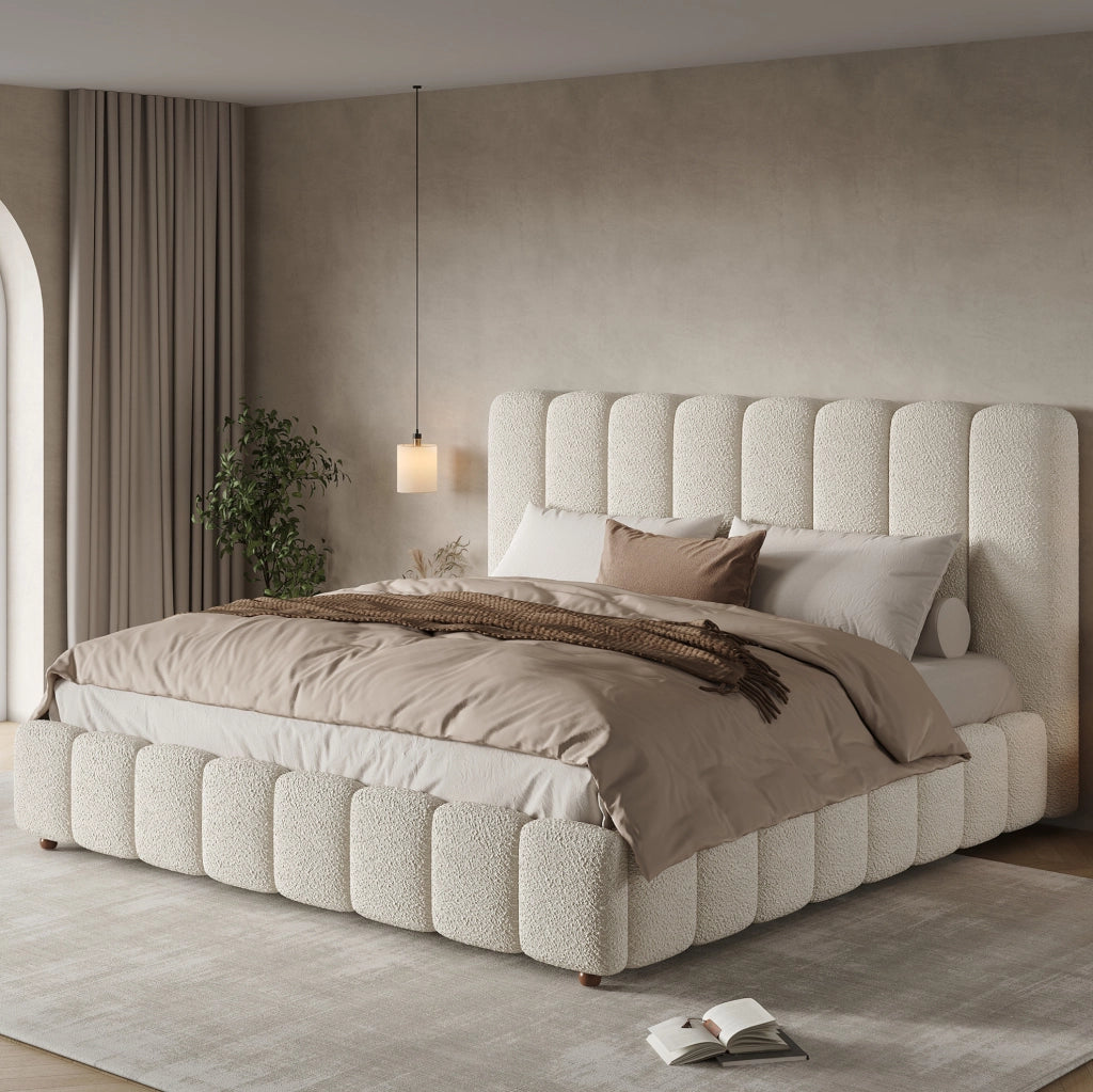 Letto matrimoniale imbottito 160x200 cm con contenitore idraulico; rivestimento Bouclé bianco