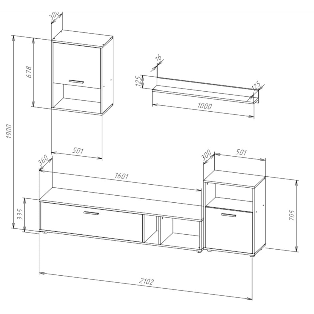 Mobili  soggiorno RENA - 3 Armadietti - Bianco - Maniglie nere - Larghezza 210 cm, Altezza 190 cm, Profondit? 36 cm