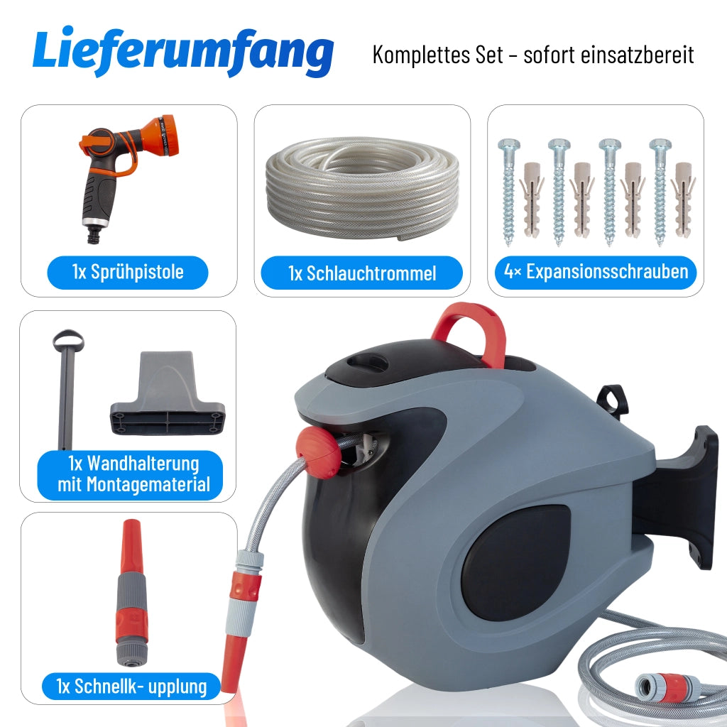 Avvolgitubo automatico da 30 m con ugello a 9 vie, supporto a parete, blocco di retrazione regolabile e rotazione a 180¡ã ¨C Resistente ai raggi UV e