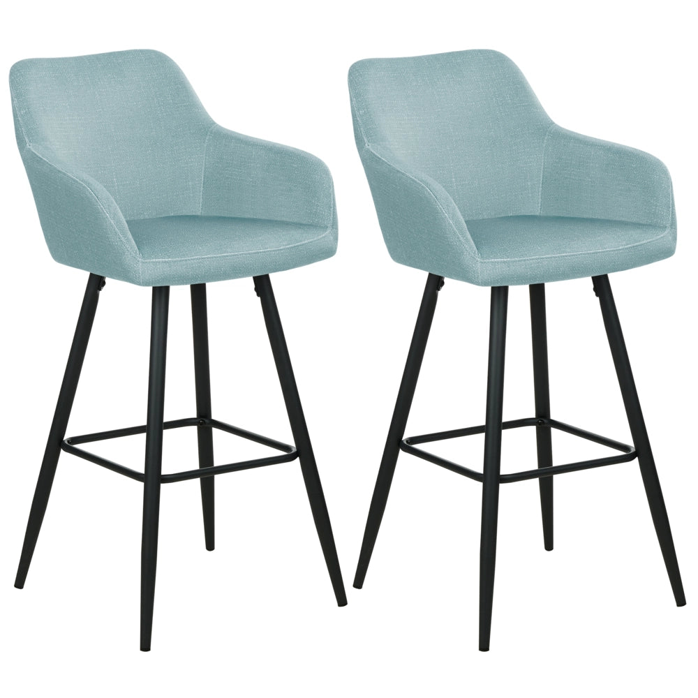 Set di 2 sgabelli da bar in velluto azzurro con seduta imbottita con braccioli e gambe in metallo stile moderno soggiorno