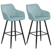 Set di 2 sgabelli da bar in velluto azzurro con seduta imbottita con braccioli e gambe in metallo stile moderno soggiorno
