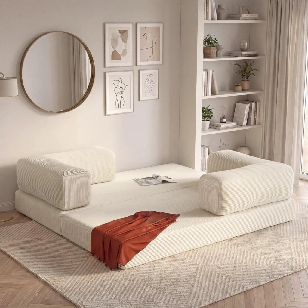 IDMarket - Divano a 3 posti diritto trasformabile NATOU in velluto a coste beige