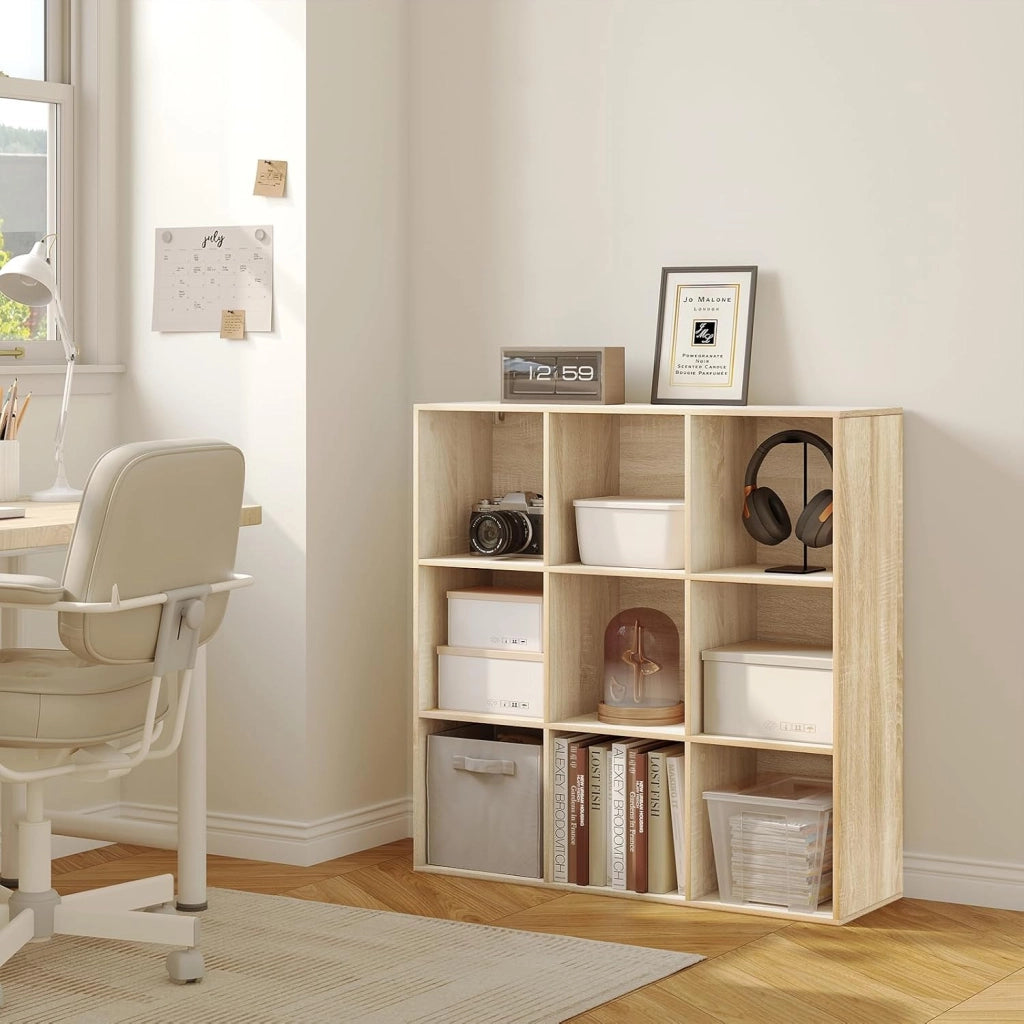 Libreria con 9 Scomparti, Libreria a Giorno, Scaffale a Cubo, Scaffale Divisorio in Piedi, per Ufficio, Soggiorno, Camera da Letto, 94x29,5x93 cm, Rovere Chiaro, SK048hei