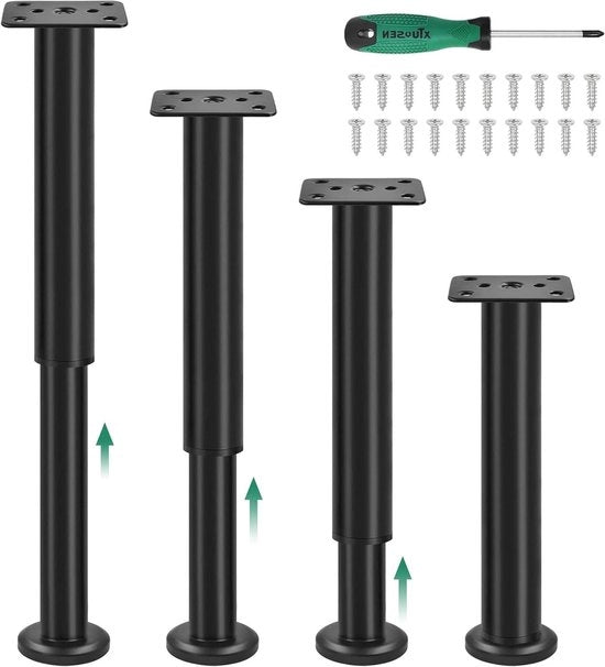 Set di 4 supporti per mobili regolabili in metallo nero per divano, letto e armadio - 25 ~ 42 cm - comprensivo di viti e chiave a stella.