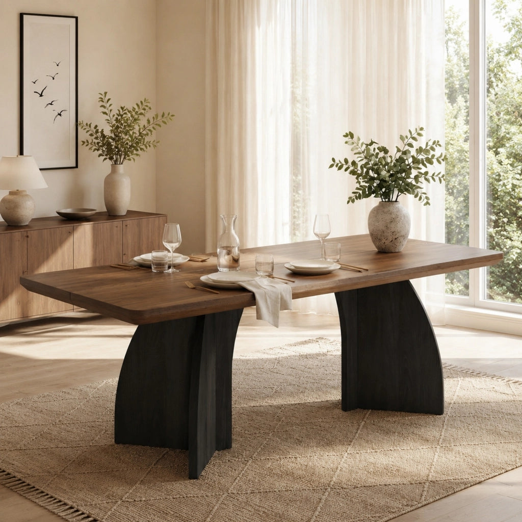 Tavolo da pranzo 160x80 cm in MDF color noce con gambe nere; stile moderno per 4-6 persone