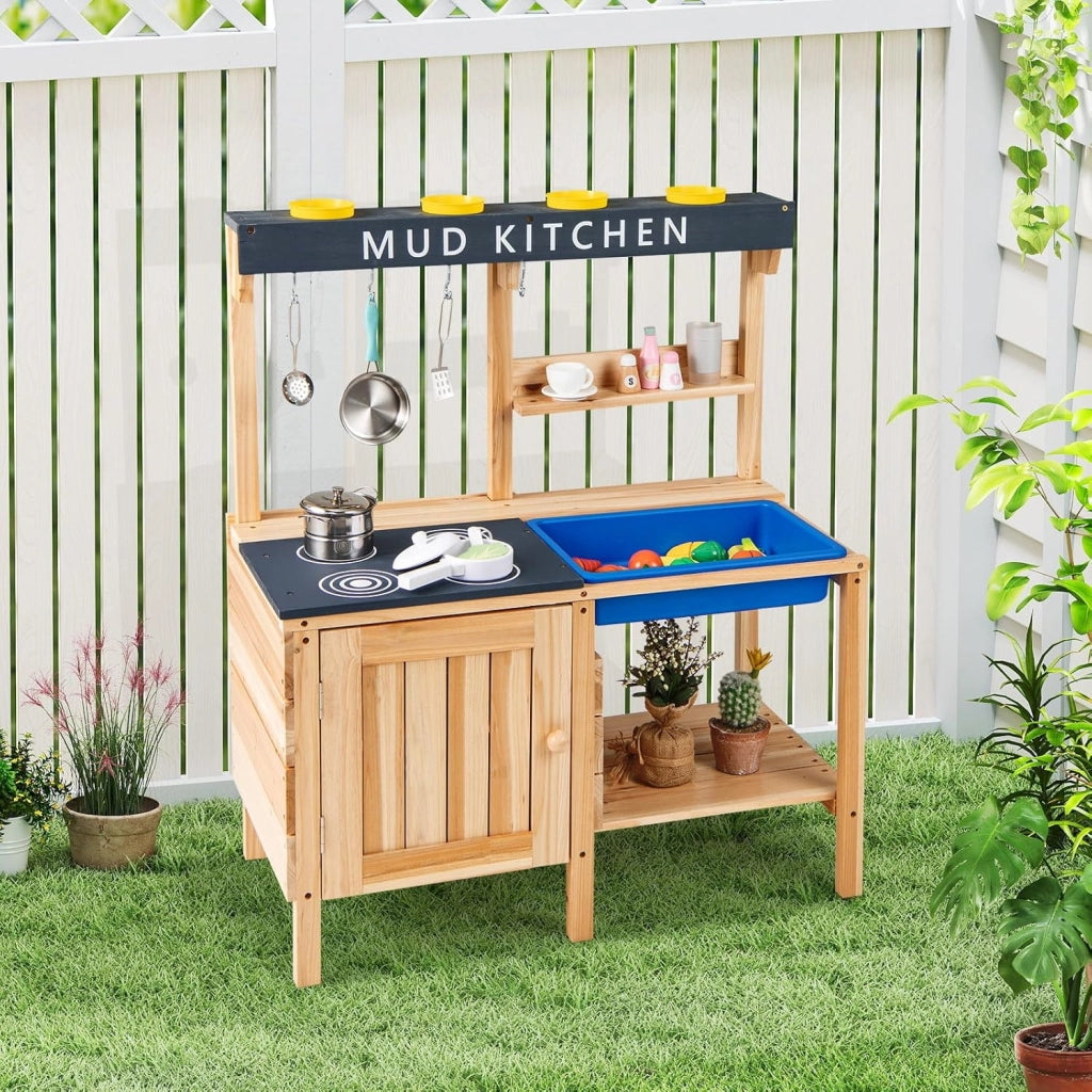 Cucina Giocattolo per Bambini, Cucina in Legno da Esterno con Lavello Removibile, Fornello, Pentole e Ripiani, Cucinetta Giocattolo Interattiva con Accessori per Bambini 3-8 Anni, Naturale