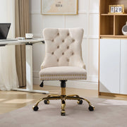 Sedia da ufficio girevole in velluto con seduta ampia schienale trapuntato e base metallica dorata beige