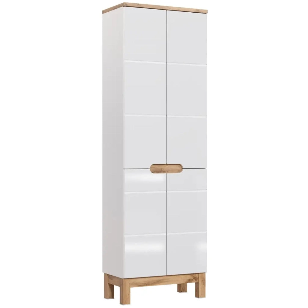 Colonna bagno ERMANO - Rovere chiaro e bianco lucido - 60x187 cm - 4 porte - Da appoggio