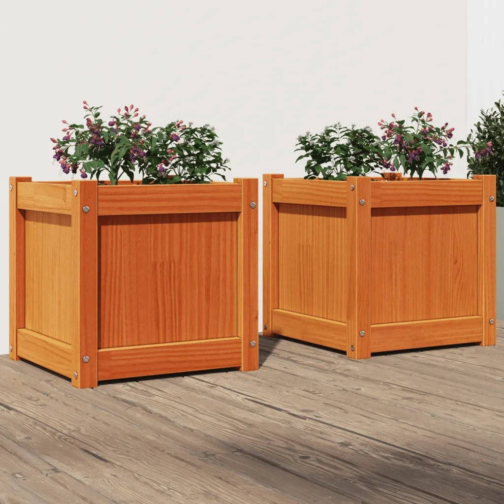 2 pz Fioriere | Cassetta per fiori | Vaso da Giardino Marrone Cera Legno Massello di Pino