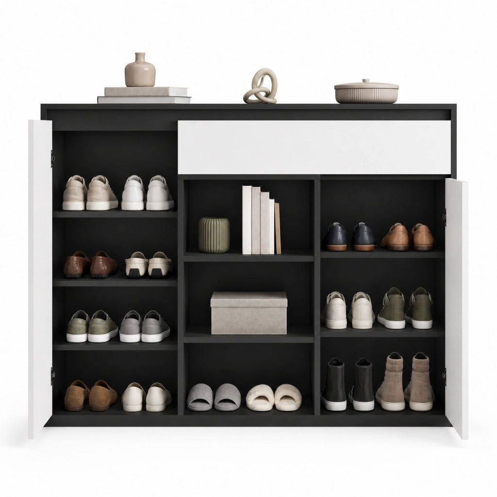 Mobile scarpiera moderno con LED; 2 ante e cassetto 105 x 39;5 x 86 cm; nero e bianco
