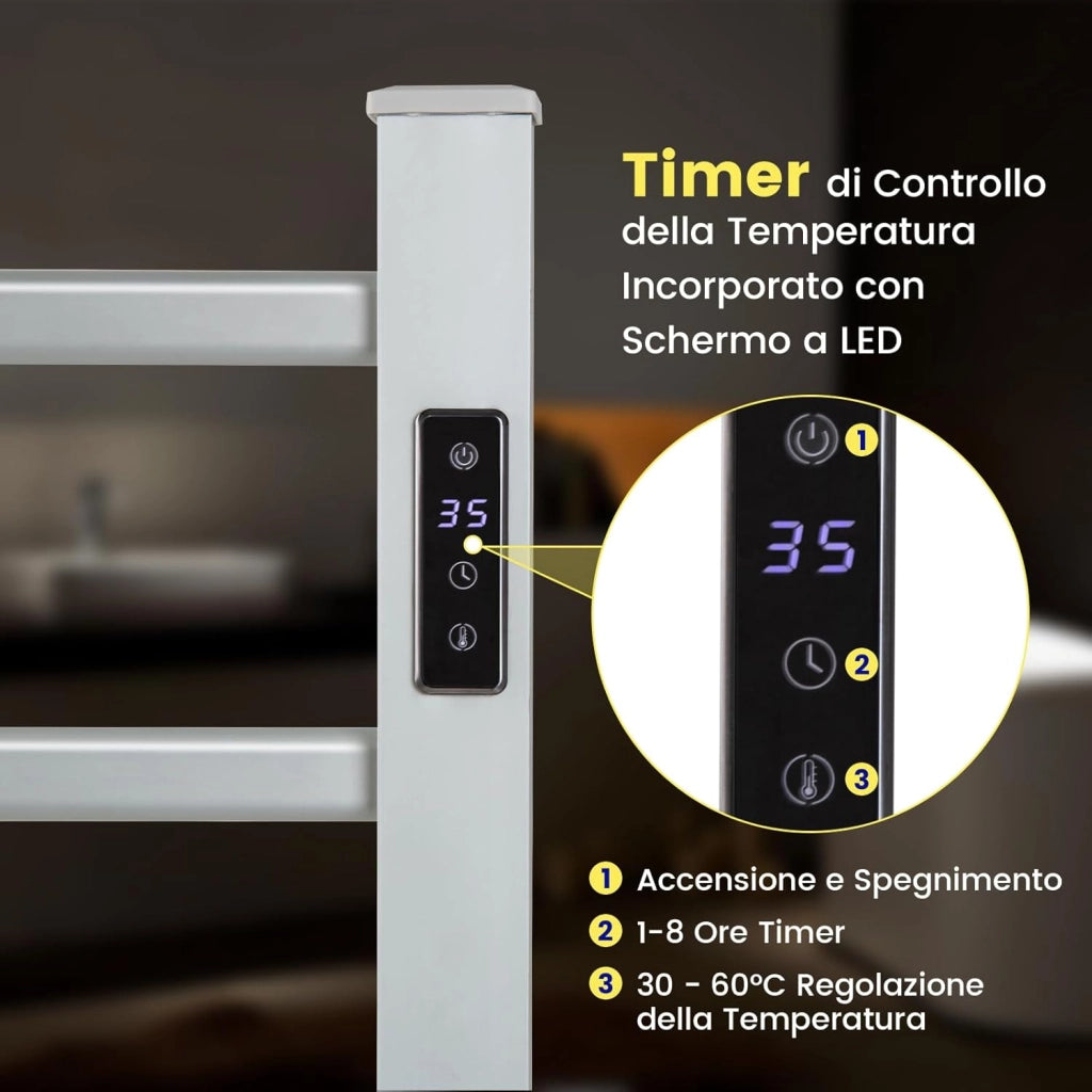 COSTWAY Scaldasalviette Riscaldato, con 6 Barre Riscaldate e Timer, Scaldasalviette Elettrico con Display LED Protezione Contro Surriscaldamento e Costante della Temperatura, in Alluminio