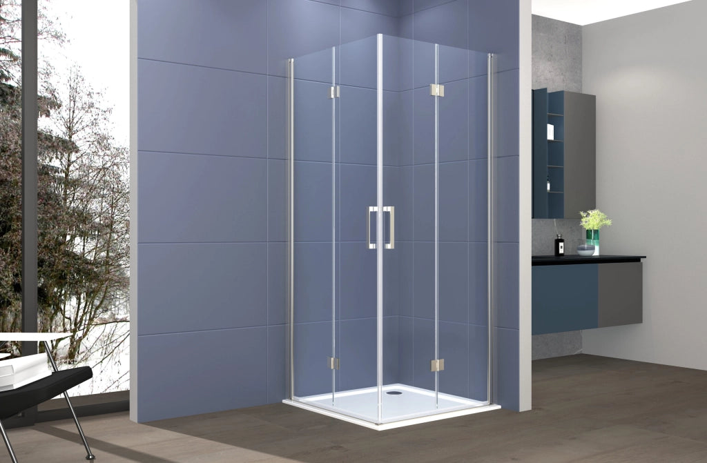 Box doccia angolare 80x80 cm apertura due porte soffietto H200 cm cristalli trasparente 6mm profilo satinato ELIO