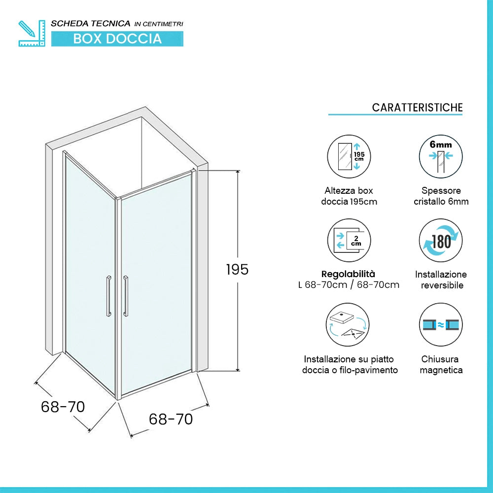 Box doccia angolare 70x70 in vetro temperato doppio battente con profili cromo Neos