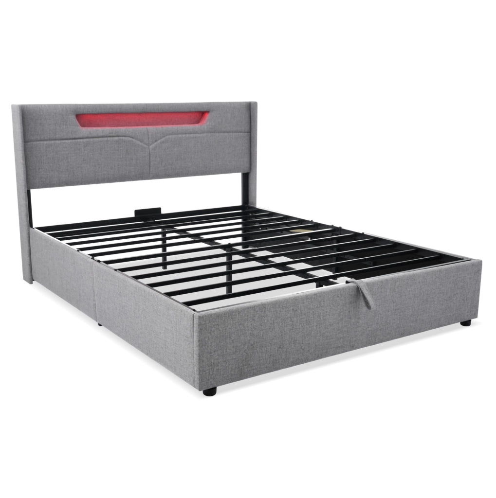 Letto imbottito 160x200 cm con contenitore; LED e ricarica USB Type C in lino grigio