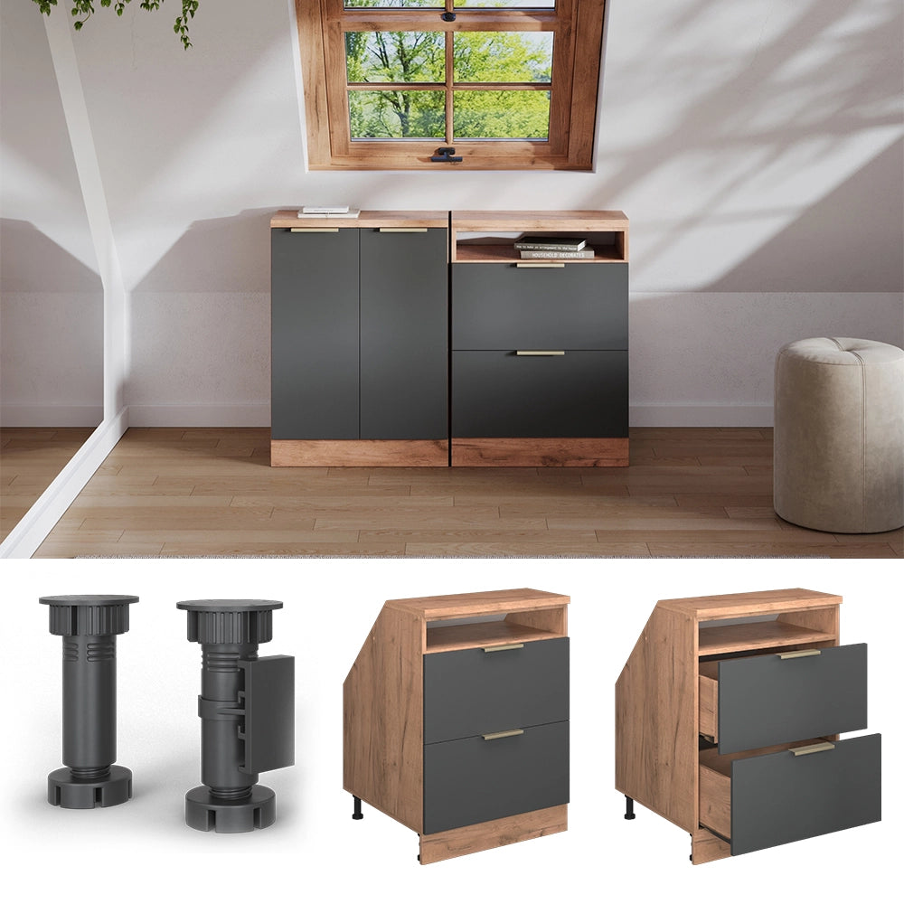 Mobile sottotetto Rion Antracite-oro/Rovere dorato 60 x 83.8 cm con 2 cassetti, carcassa 60 cm profondità Vicco
