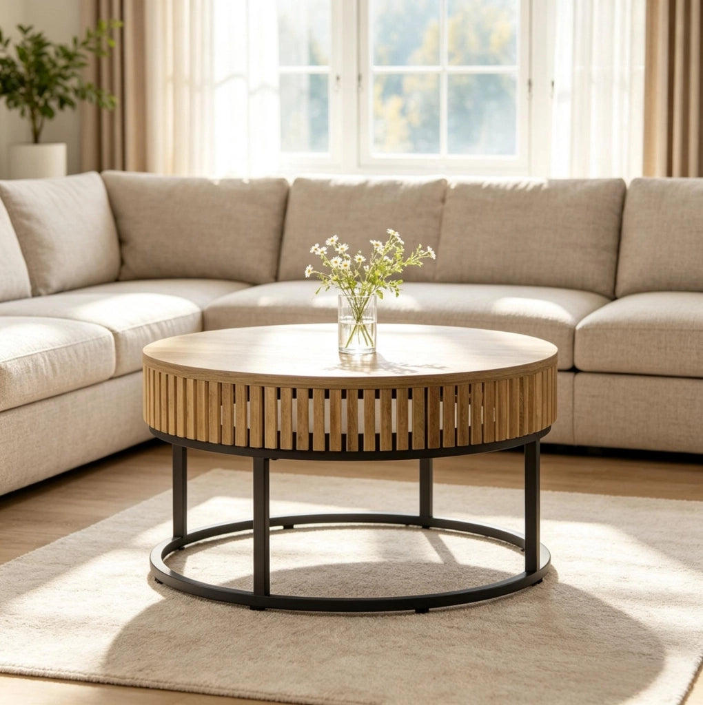 Tavolino da caff¨¨ rotondo ULEVR ? 80 cm in MDF e metallo, nero e marrone