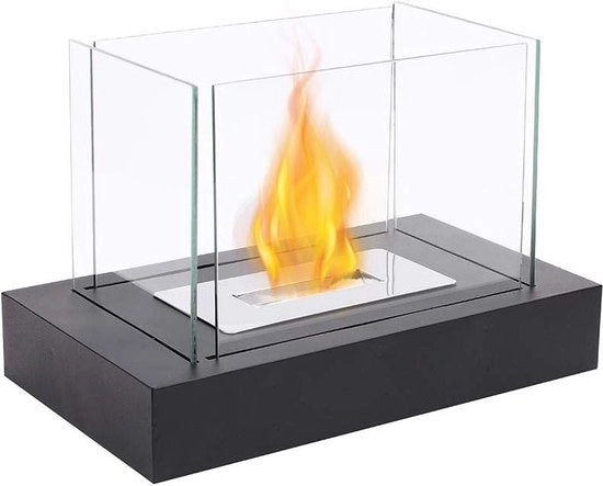 Fornello a Gas Etto Reclinabile a Forma Quadrata su Tavolo con Vetrata a Quattro Facce 34cmL - Tavolo Portatile con Fornello a Gas - Fornello a Bioetanolo Pulito - Senza Aperture di Ventilazione - Ideale per Interno ed Esterno