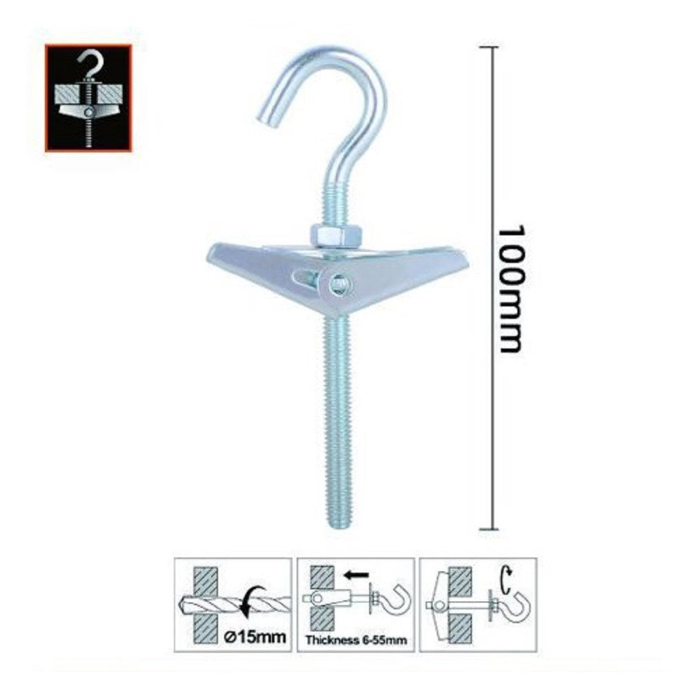Trade Shop - Set 2 Pz Ancora A Farfalla Con Gancio Acciaio Con Dado Rondella M5x100 Mm 57229 -