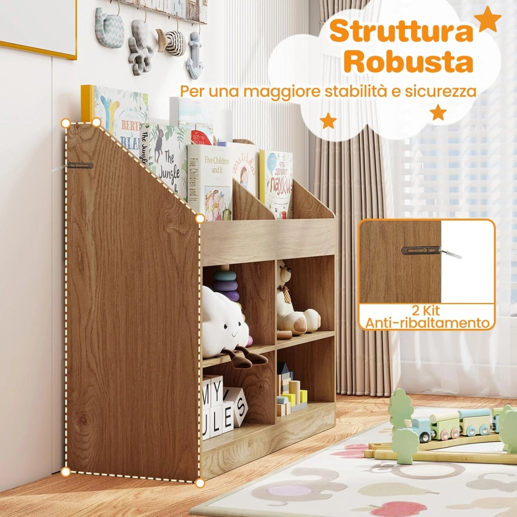 Libreria Montessoriana Porta Libri per Bambini, Scaffale Multifunzione con 4 Cubi e 4 Scomparti, Anti-ribaltamento, Salvaspazio per Cameretta e Stanza dei Giochi, 90x34x80 cm (Naturale)