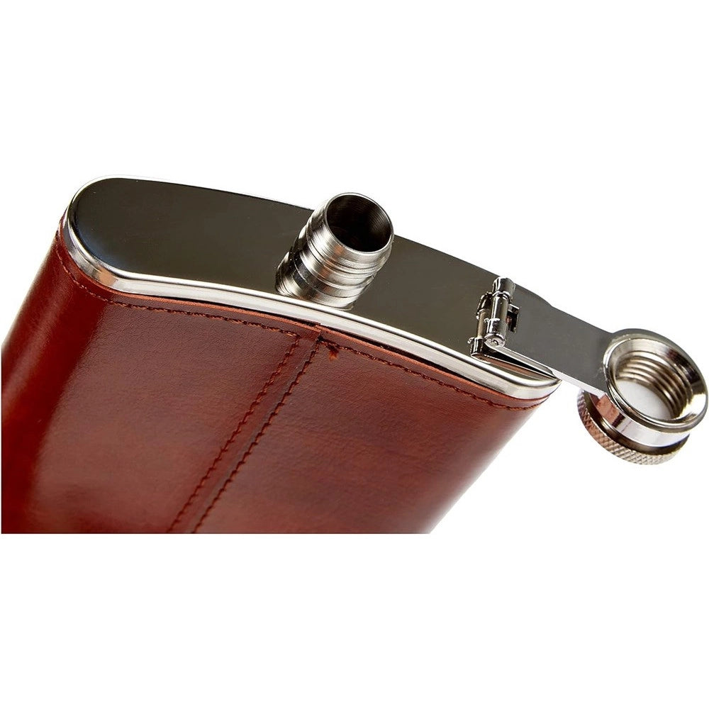 Trade Shop - Fiaschetta In Acciaio Inox Foderata In Pelle Imbuto Incluso Per Liquori Whisky -