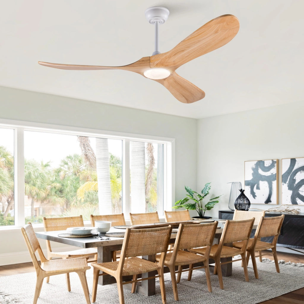 Ventilatore da soffitto 52 pollici con luce LED; 3 pale in legno massello; bianco e naturale
