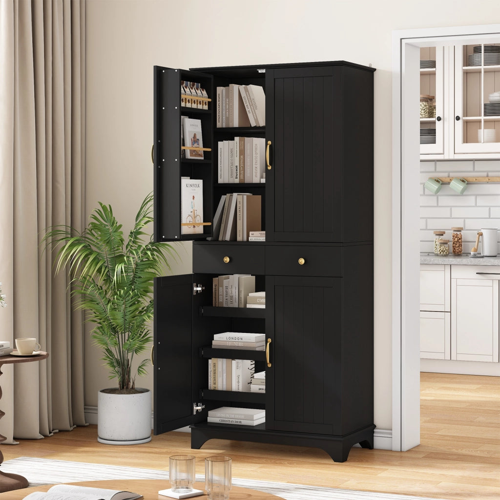 Credenza alta con ripiani regolabili, 2 cassetti e vani con ante, per cucina e soggiorno, in MDF, nero, 77 × 40 × 181 cm