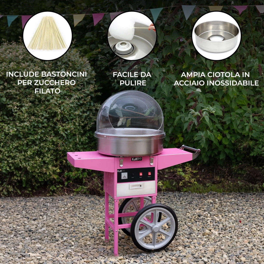 Macchina Zucchero Filato Rosa con Carrello e Cupola 50 cm Kukoo