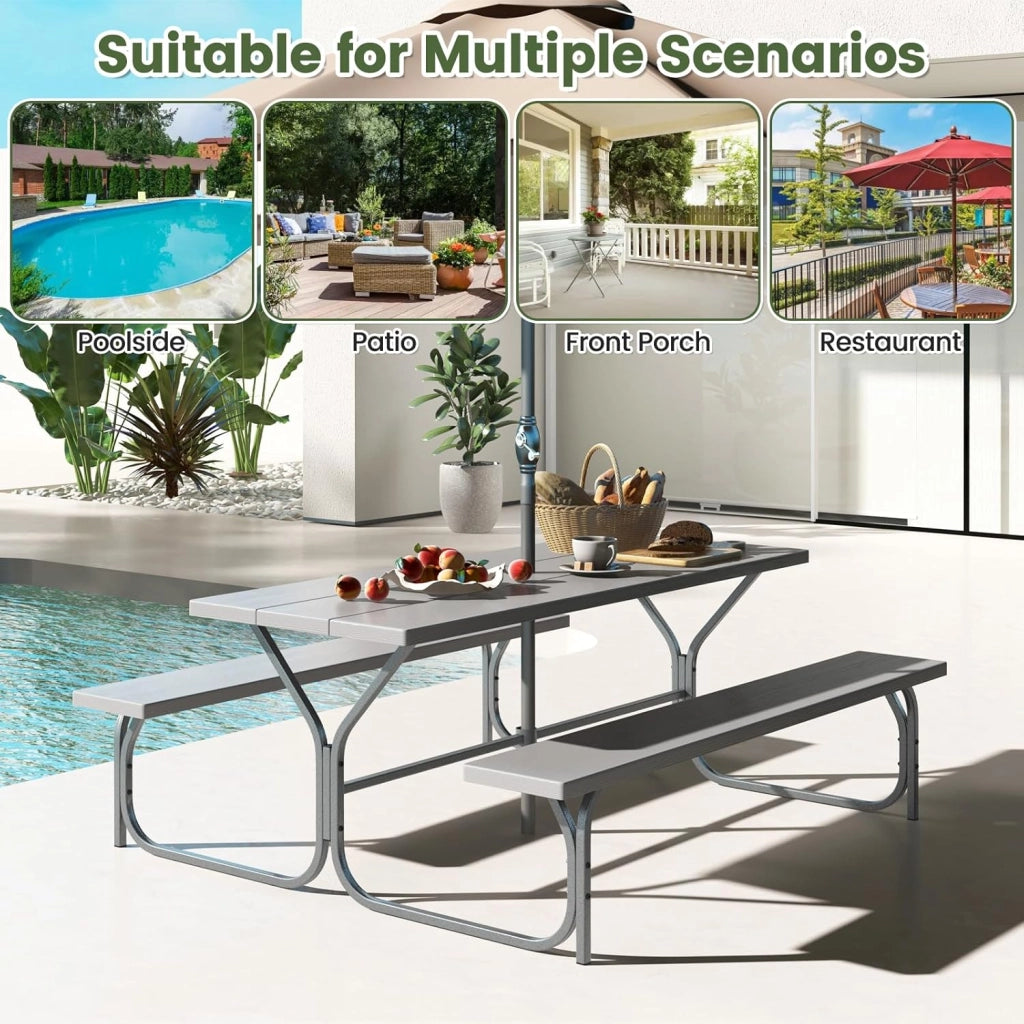 Set Tavolo da Picnic con Panche per 8 Persone, Tavolo da Campeggio con Foro per Ombrellone, Telaio in Metallo, Tavolino da Picnic Rettangolare con Sedute per Patio (Grigio)