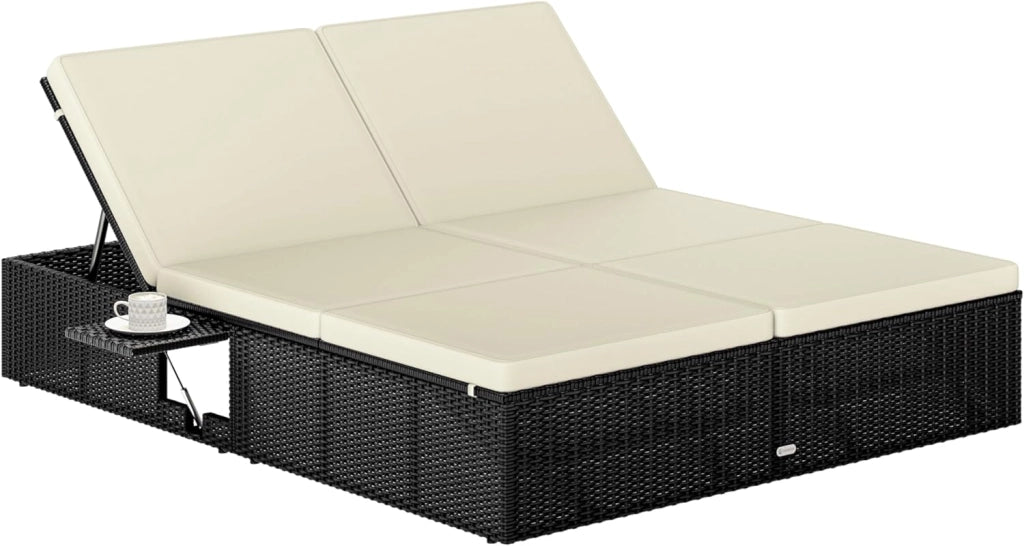 ® Lettino Prendisole 2 Persone in Polyrattan Regolabile in 7 Posizioni con Tavolino Sdraio da Giardino 200x160cm