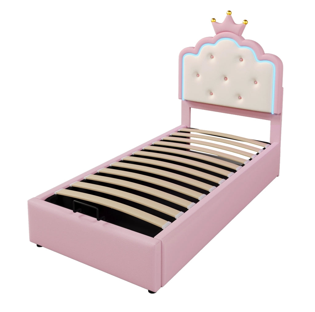 Letto imbottito 90x200 cm; luci LED ambientali e contenitore idraulico; PU; rosa (Senza materasso)
