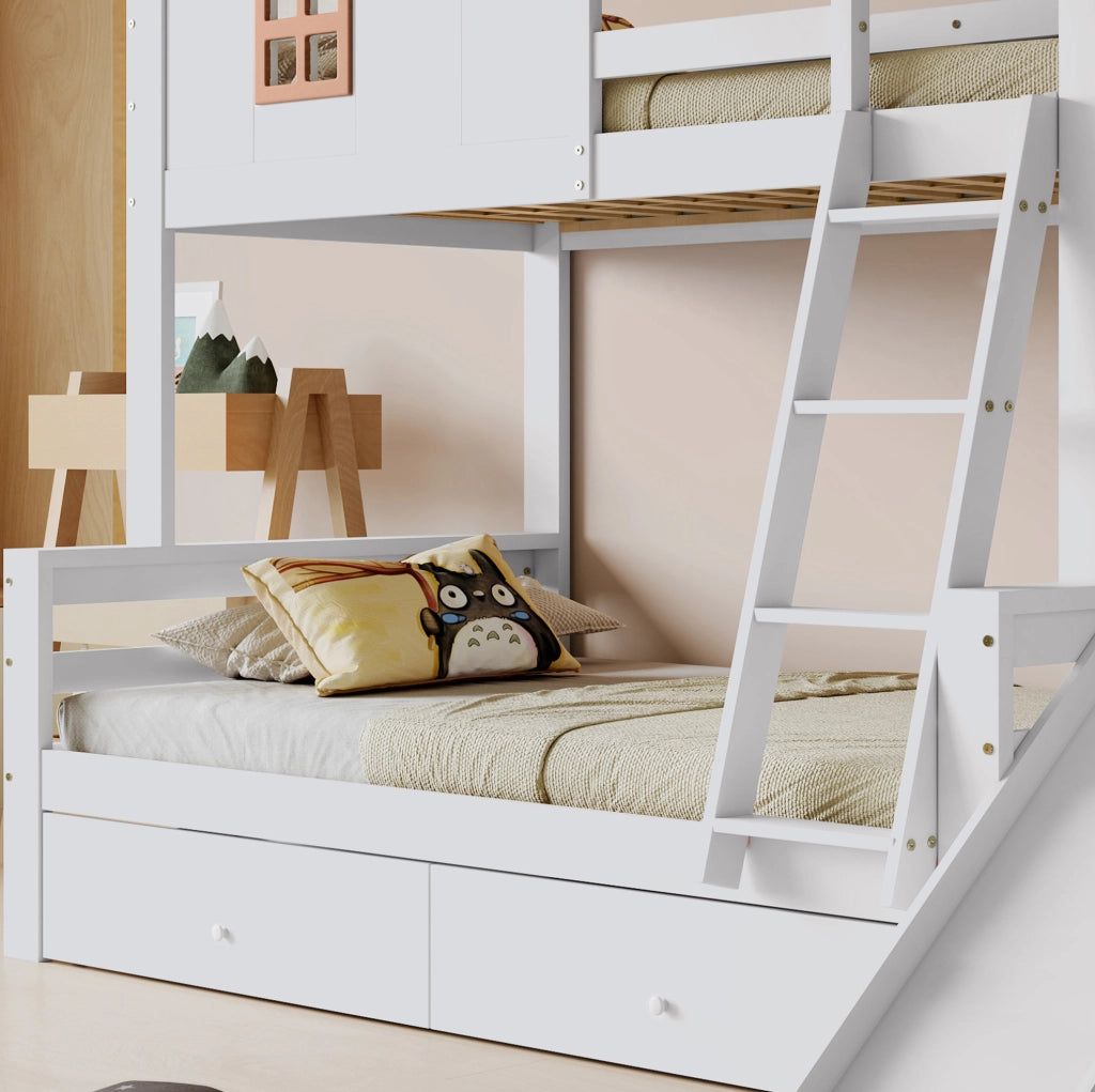 Letto a castello bianco 90x200 e 120x200 cm con scivolo, scala e 2 cassetti