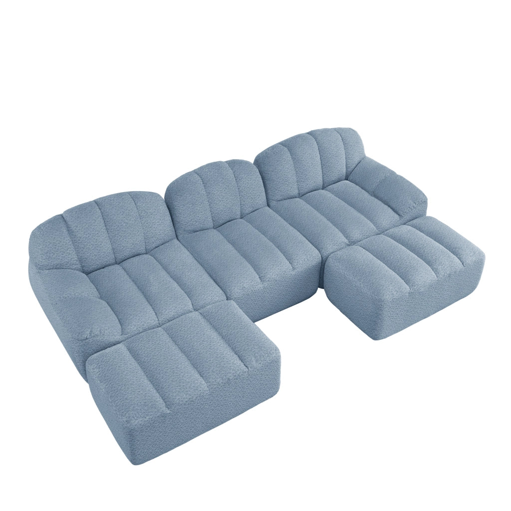 Divano Modulare U 3 Posti con 2 Poggiapiedi ¨C MINIMAL ¨C Tessuto Morbido Blu, Schiuma Alta Densit¨¤
