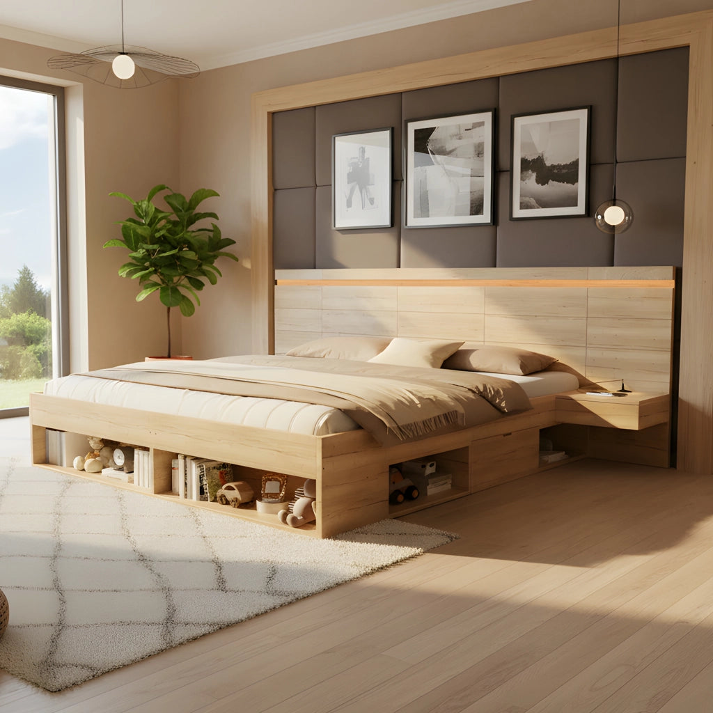 Letto matrimoniale 180x200 cm con contenitore, testiera LED, prese USB e USB-C, 2 comodini, MDF naturale