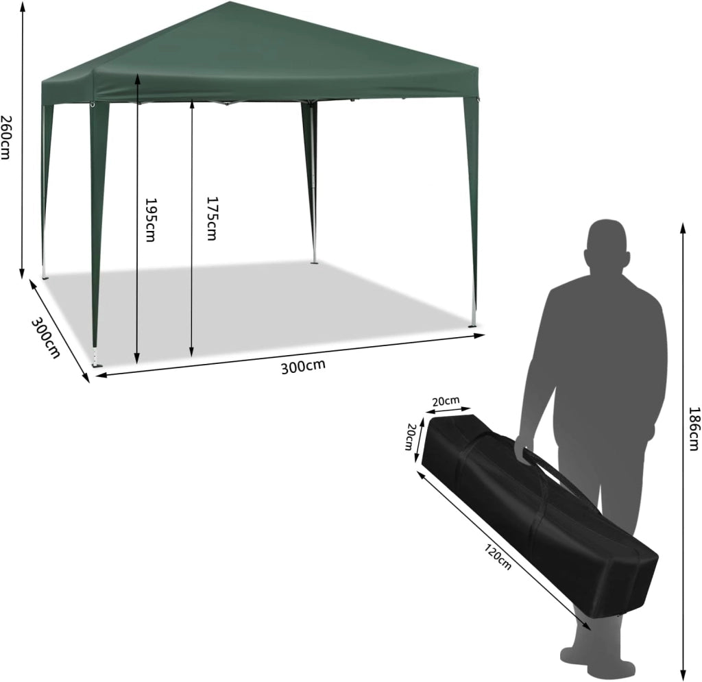 Gazebo da Giardino Richiudibile 3x3m Gazebo da Esterno in Ferro Regolabile in Altezza Tendone Pieghevole con Set di 4 Sacchi di Sabbia, Facile da Montare Verde