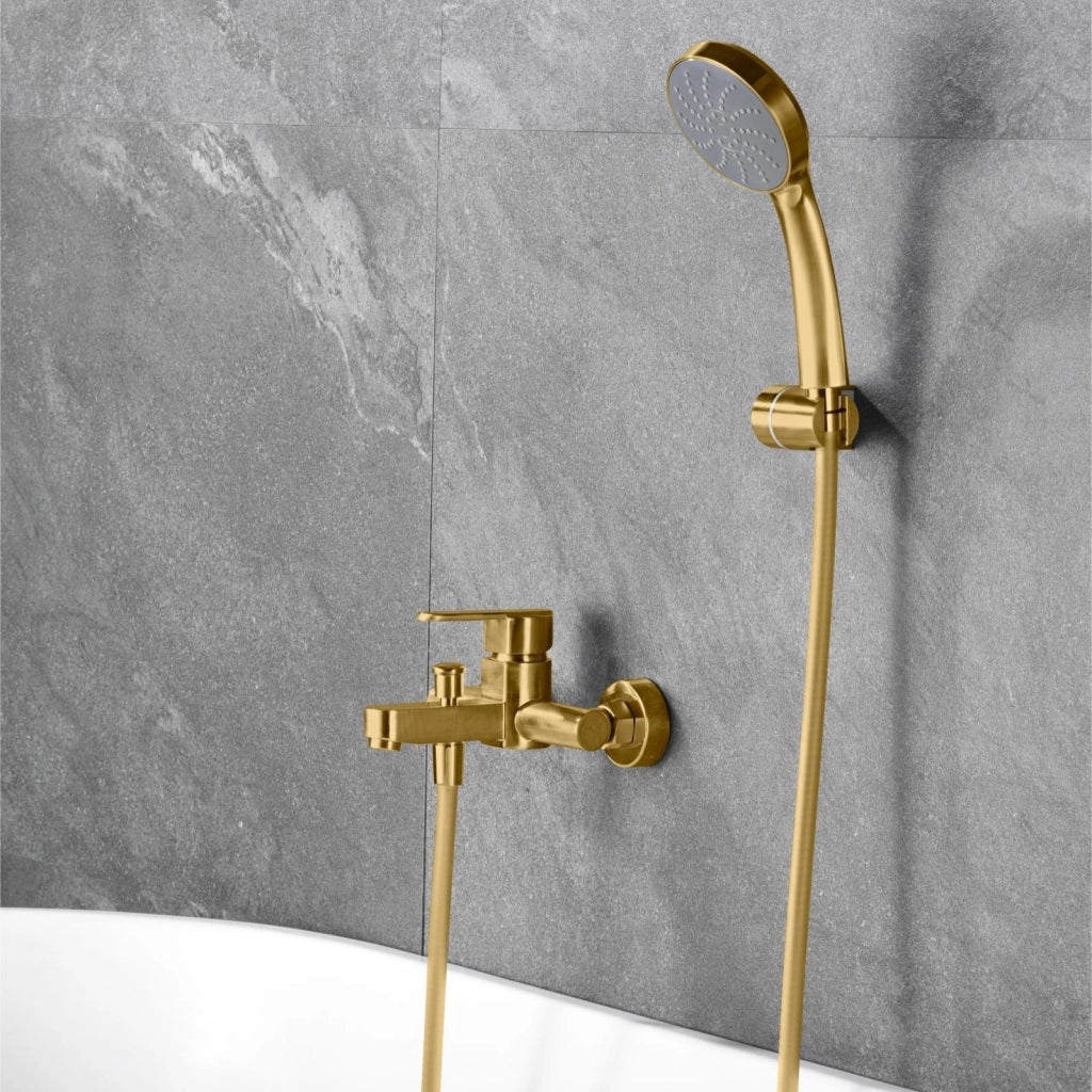 IMEX Miscelatore vasca-doccia in ottone con tubo flessibile metallico 180 cm supporto doccia ABS cartuccia ceramica Ø35 mm finitura oro spazzolato maniglia rotonda - Serie ROMA Imex-BDR001-4OC