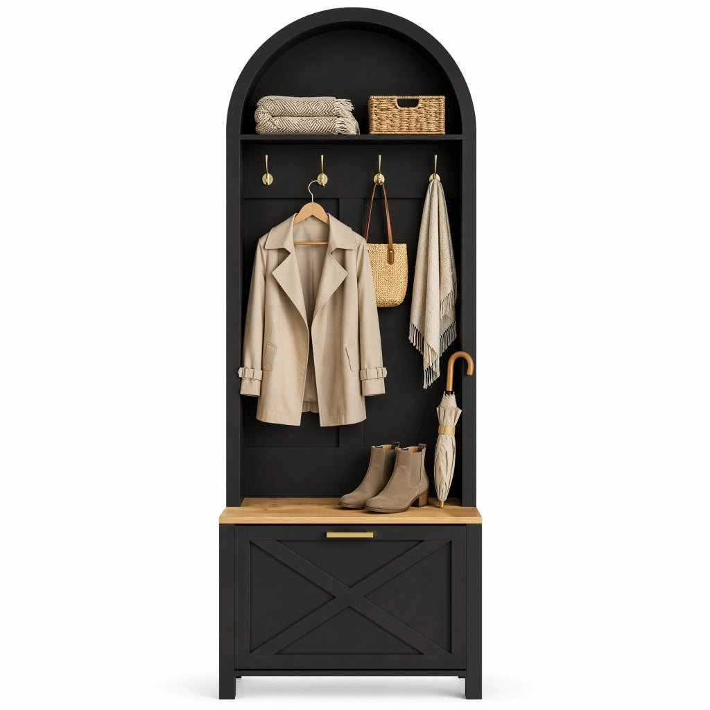 Garderobiera multifunzione con scarpiera; ganci e ripiano 195x75x35 cm; MDF nero e legno