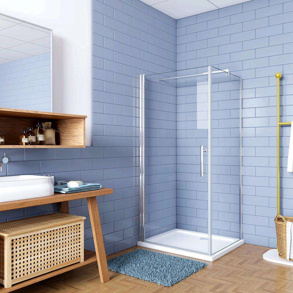 187cm Box Doccia Angolare Porta Battente e Lato Fisso 80x90cm Vetro Trasparente 6mm Anticalcare Barra 140cm Cromato