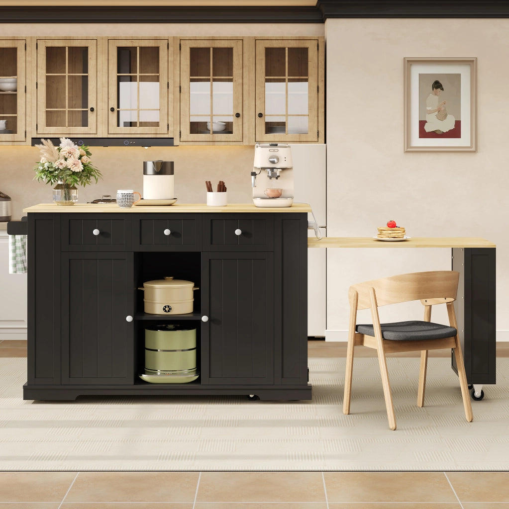 Isola da cucina mobile con tavolo estraibile; prese USB e 2 prese EU; 138(213)x55x93 cm; nero e naturale