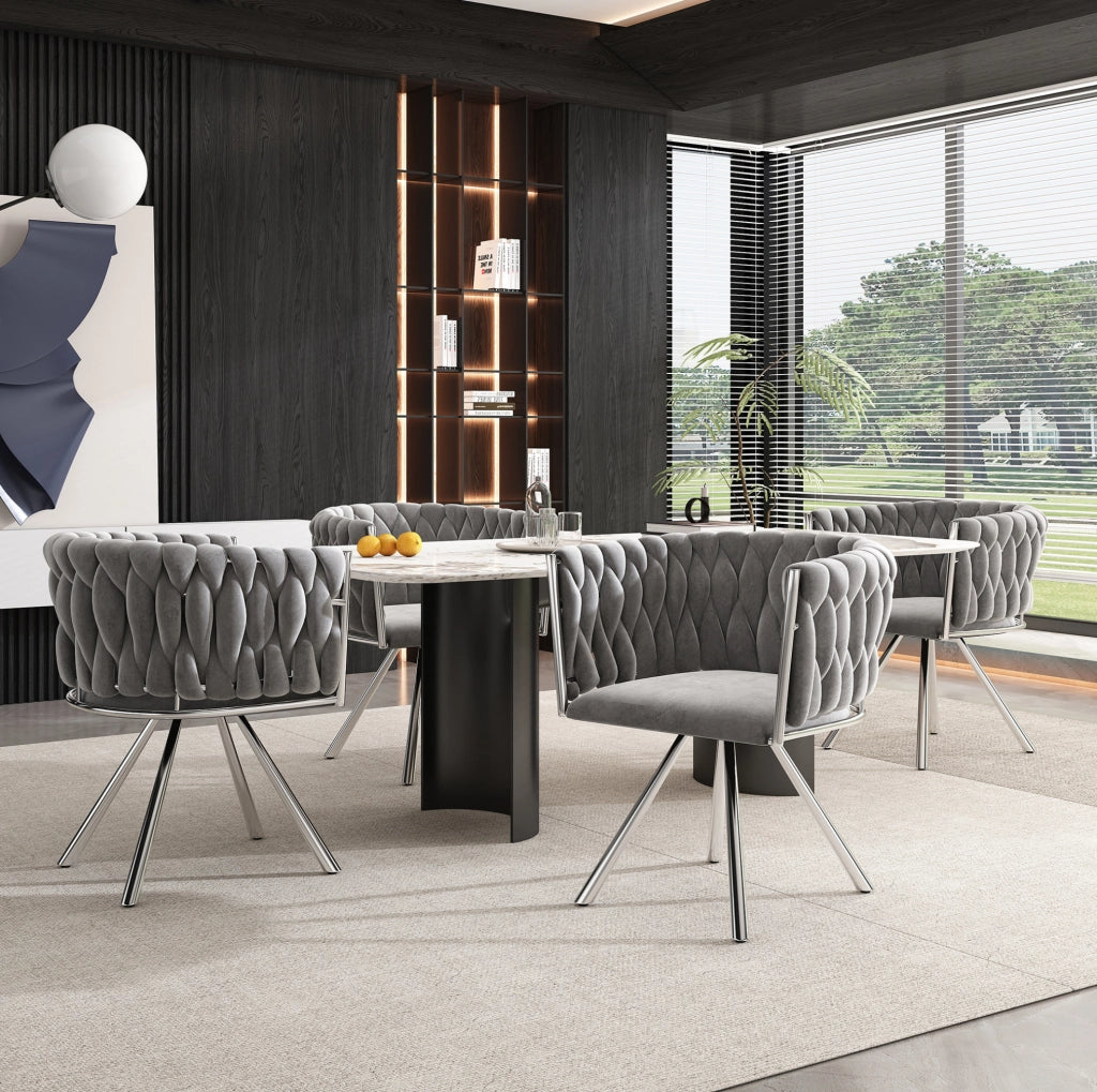 Set 6 sedie da pranzo girevoli 360° in velluto grigio con struttura in metallo