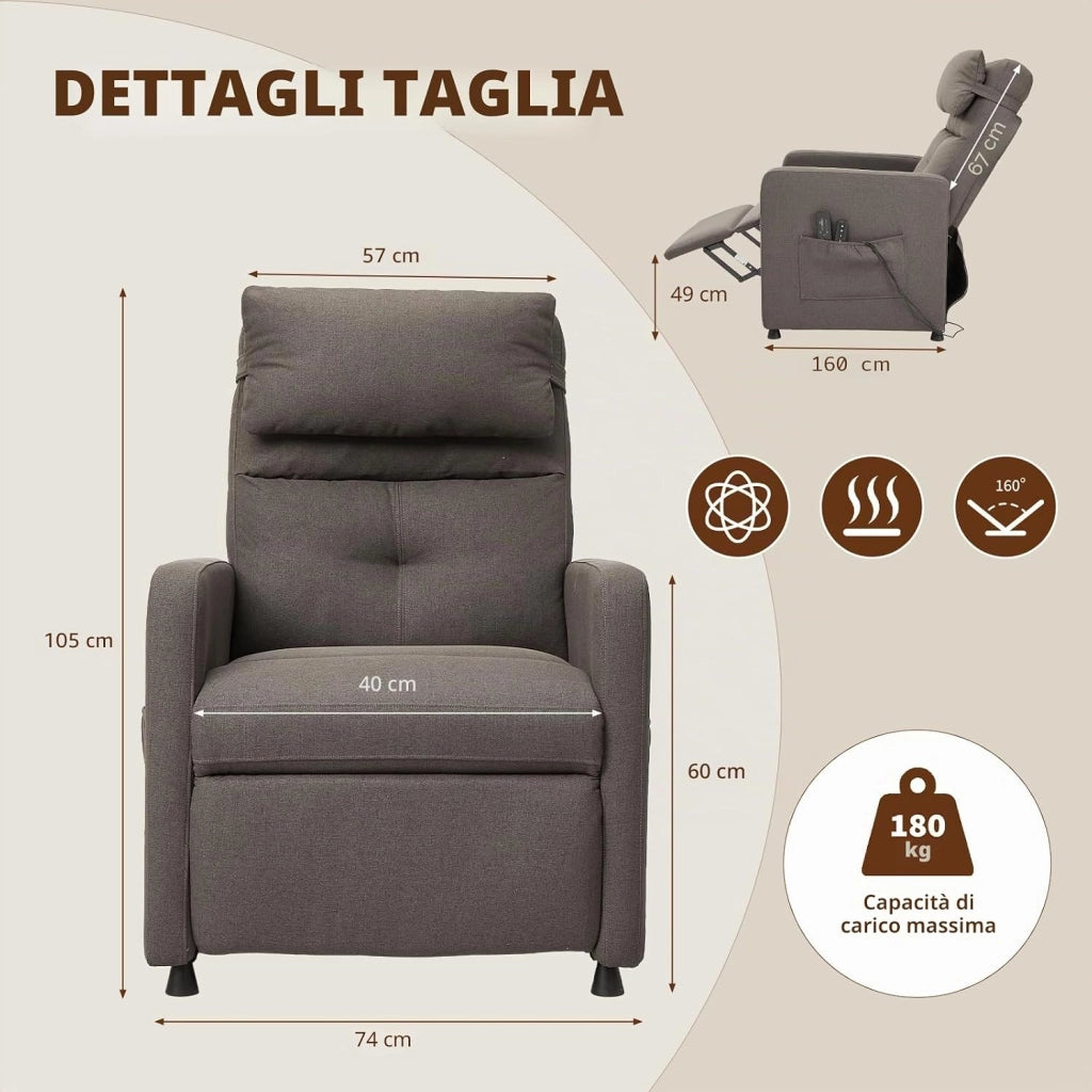 Poltrona Relax Elettrica; Poltrona Relax Reclinabile con Massaggio Vibrante 4 Punti e Funzione Riscaldante; Reclinazione 165°; Poggiapiedi; Telecomando; Tasche Laterali; per Anziani Soggiorno Salotto