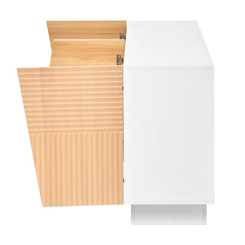 Credenza, mobile da ingresso, 4 ante, finitura effetto legno, ripiani regolabili, bianco e color legno