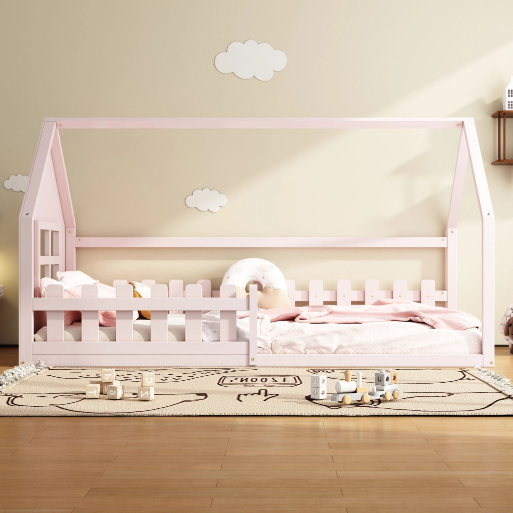 Letto a forma di casa rosa in pino e MDF 90x200 cm