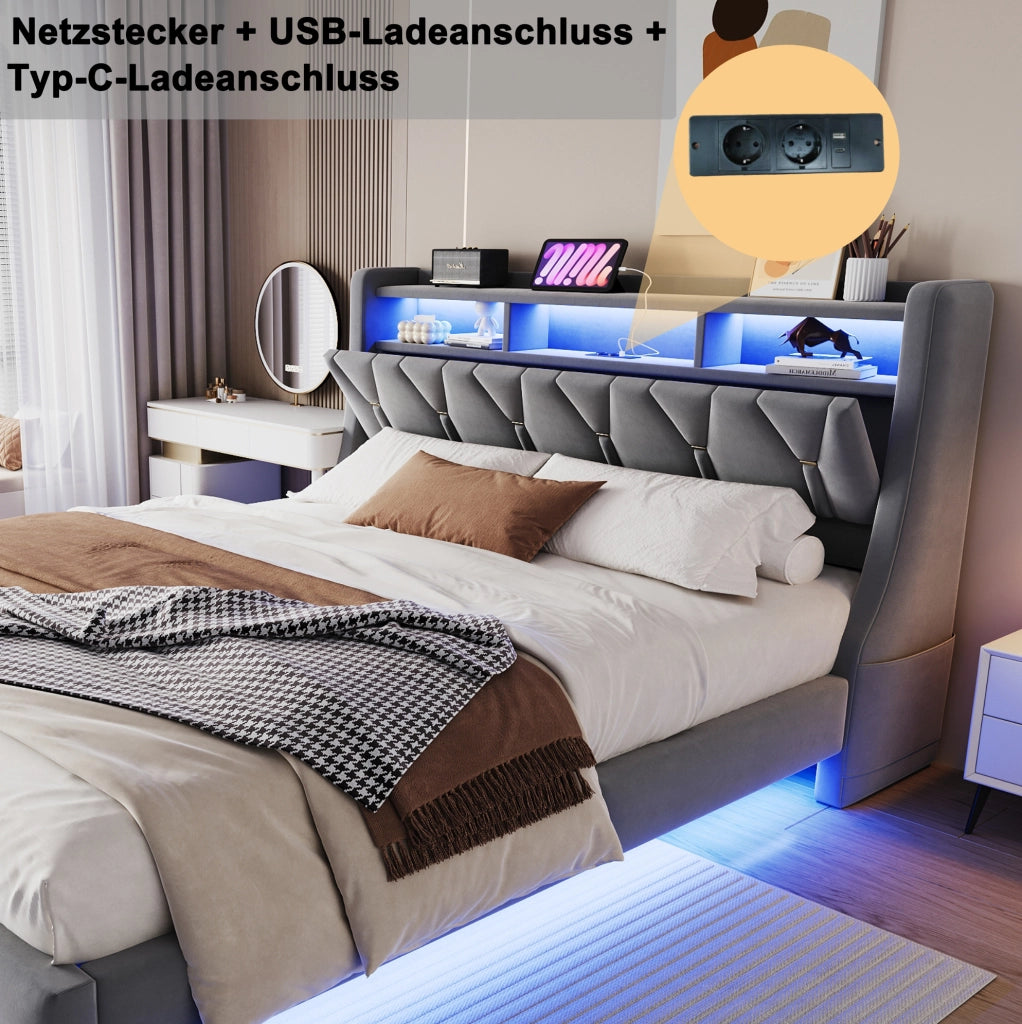 Letto imbottito 180x200 cm con testiera ribaltabile; LED; USB e Type-C; velluto grigio