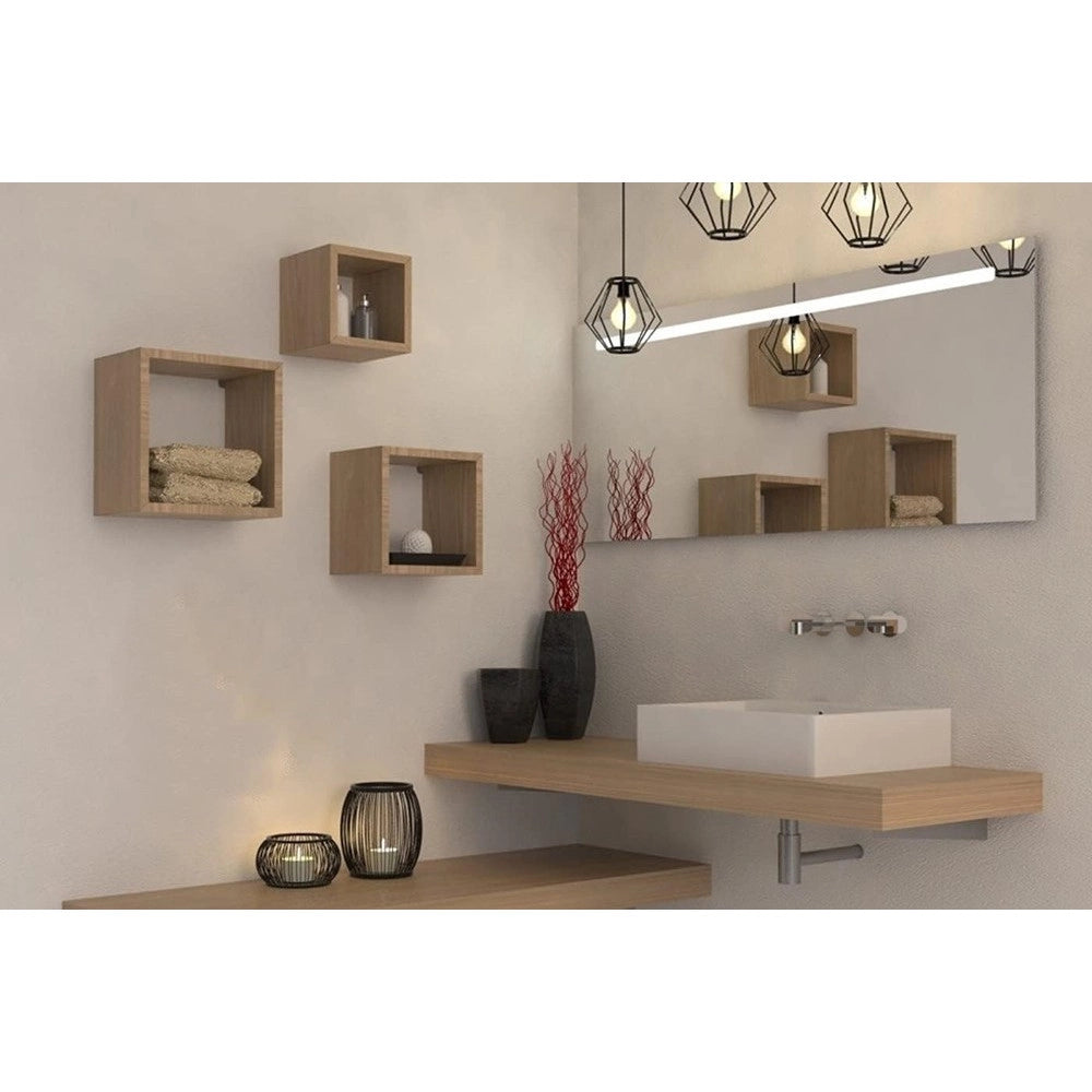 Trade Shop - Set 3pz Mensole Da Parete A Cubo Moderne Design Quadrato Effetto Legno 2 Ripiani -