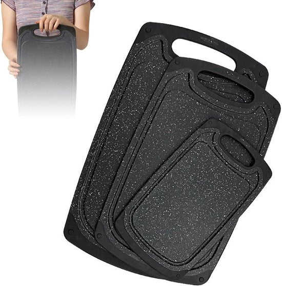 Snijplanken di plastica, snijmat per la cucina, set di snijplank con design antiscivolo, snijplank con bordo elevato e fori appesi, perfetto per ogni cucina, abitazione e soggiorno