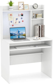 Scrivania per Computer con Armadietto, Scrivania per Ufficio con Bacheca Magnetica, Ripiani, Vassoio per Tastiera (Bianco)